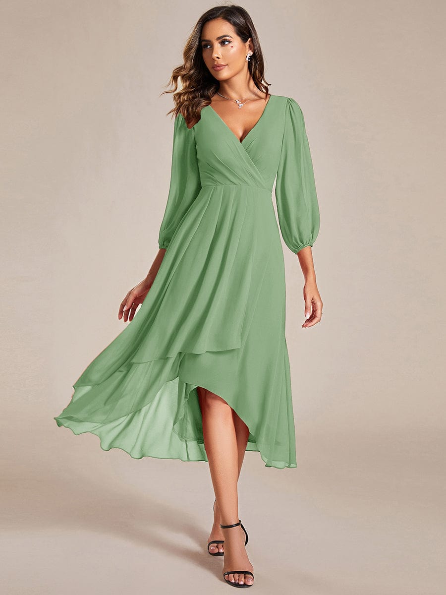 Chiffon Long Sleeve V-Neck High Low Wedding Guest Dress #color_Sage Green