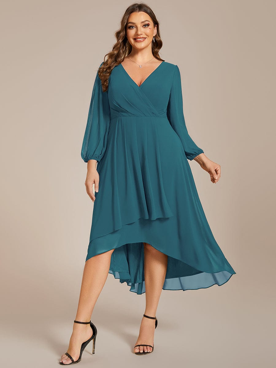 Plus Size Long Sleeve V-Neck Chiffon High Low Wedding Guest Dress #color_Teal