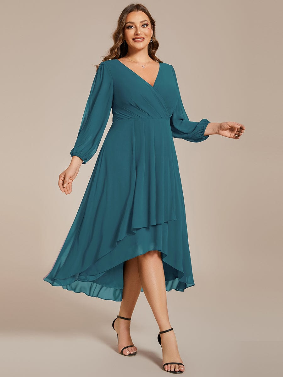 Plus Size Long Sleeve V-Neck Chiffon High Low Wedding Guest Dress #color_Teal