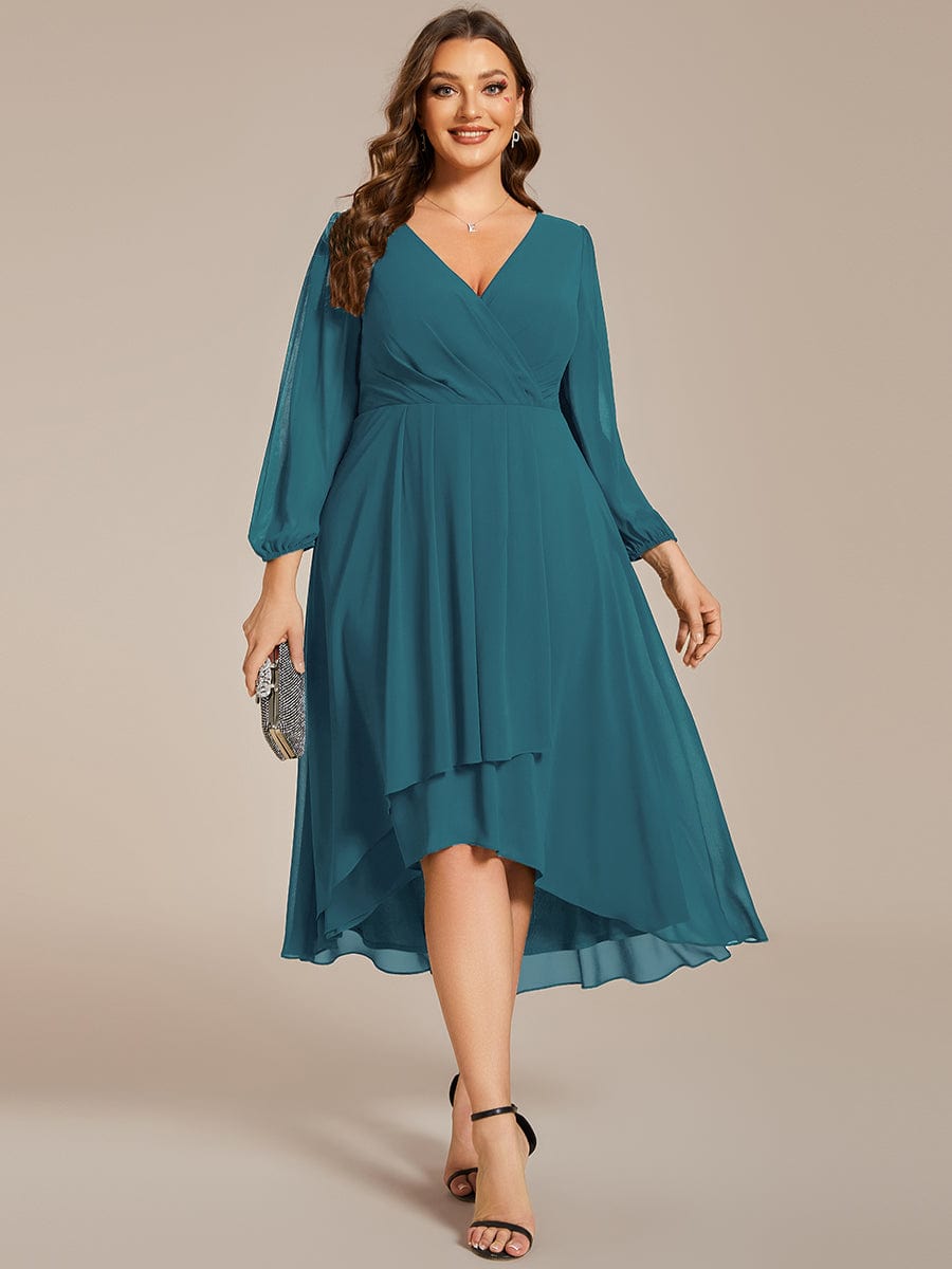 Elegant Long Sleeve V-Neck High Low Chiffon Wedding Guest Dress #color_Teal