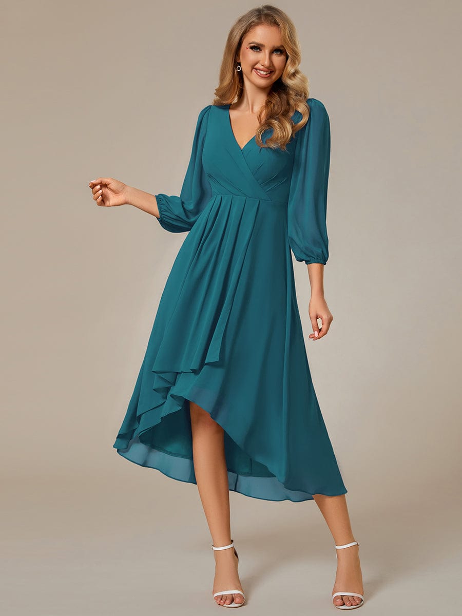 Elegant Long Sleeve V-Neck High Low Chiffon Wedding Guest Dress #color_Teal