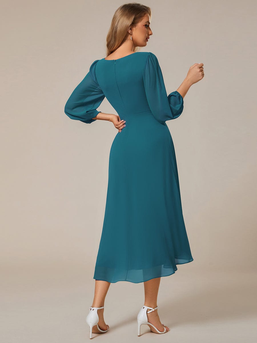 Elegant Long Sleeve V-Neck High Low Chiffon Wedding Guest Dress #color_Teal