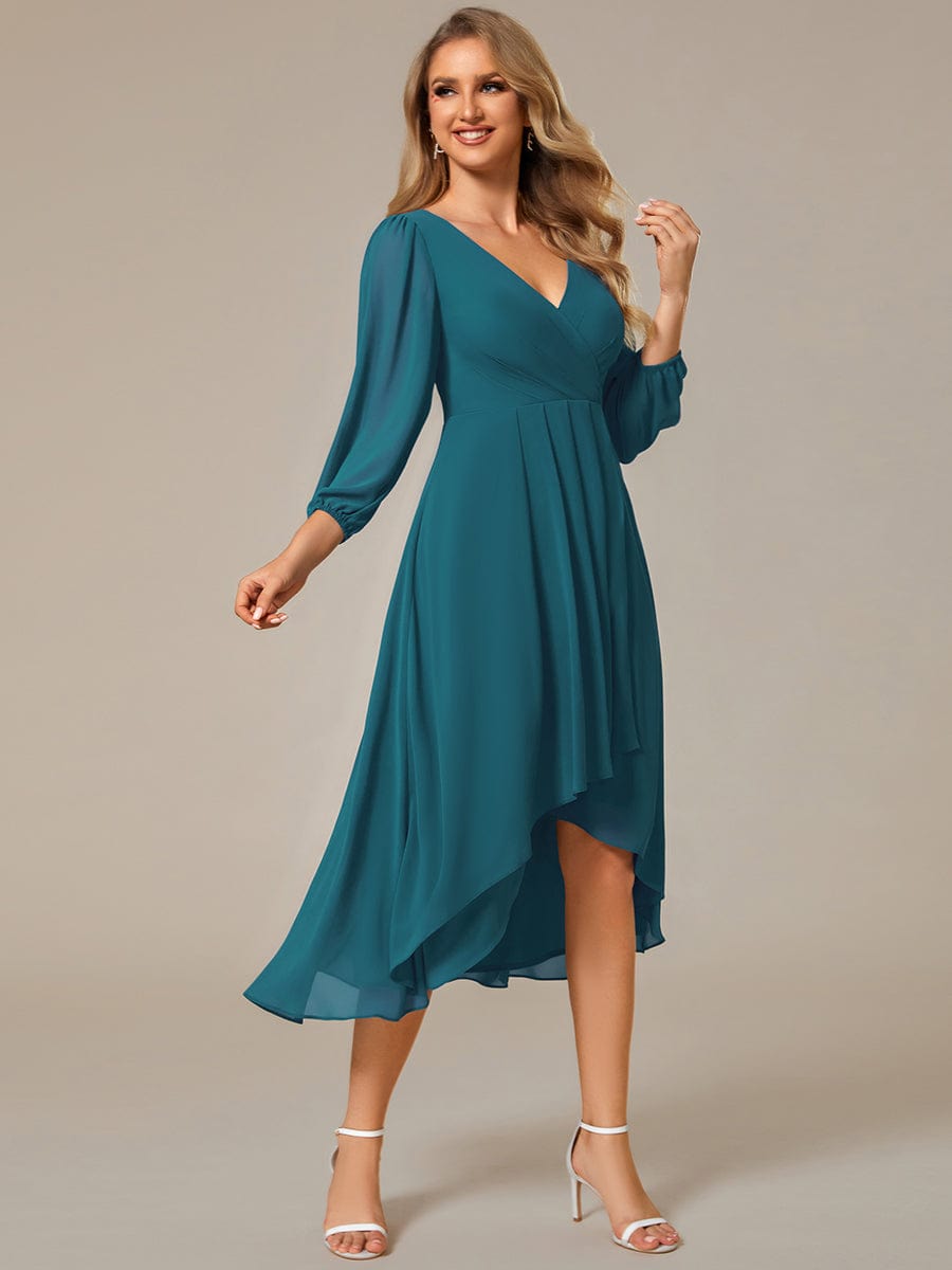 Elegant Long Sleeve V-Neck High Low Chiffon Wedding Guest Dress #color_Teal