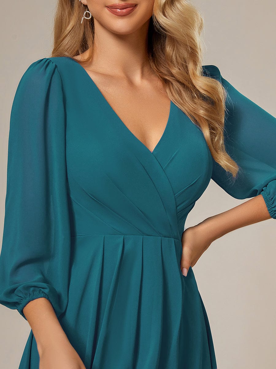 Elegant Long Sleeve V-Neck High Low Chiffon Wedding Guest Dress #color_Teal