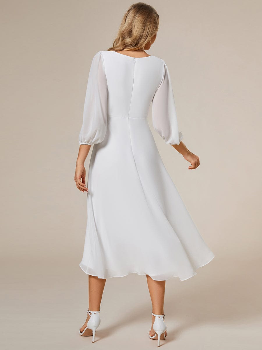 Elegant Long Sleeve V-Neck High Low Chiffon Wedding Guest Dress #color_White