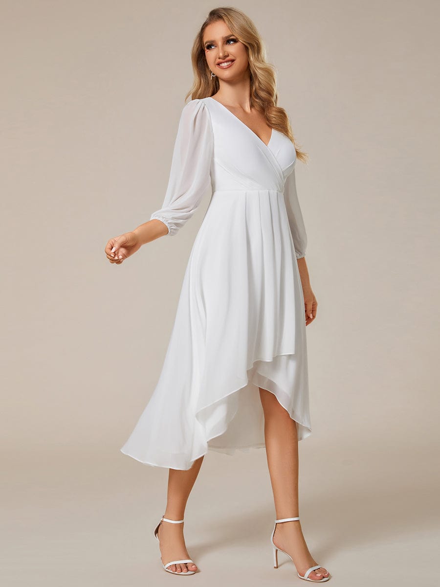 Elegant Long Sleeve V-Neck High Low Chiffon Wedding Guest Dress #color_White