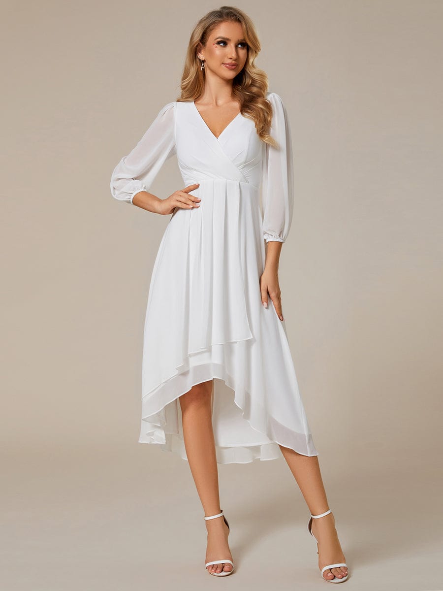 Custom Size Elegant Long Sleeve V-Neck High Low Chiffon Wedding Guest Dress #color_White