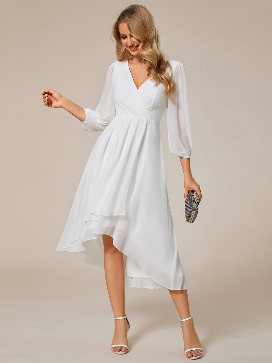 Elegant Long Sleeve V-Neck High Low Chiffon Wedding Guest Dress #color_White