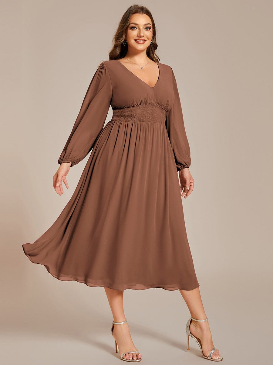 Elegant V Neck Long Sleeves Midi Wedding Guest Dress #color_Brown