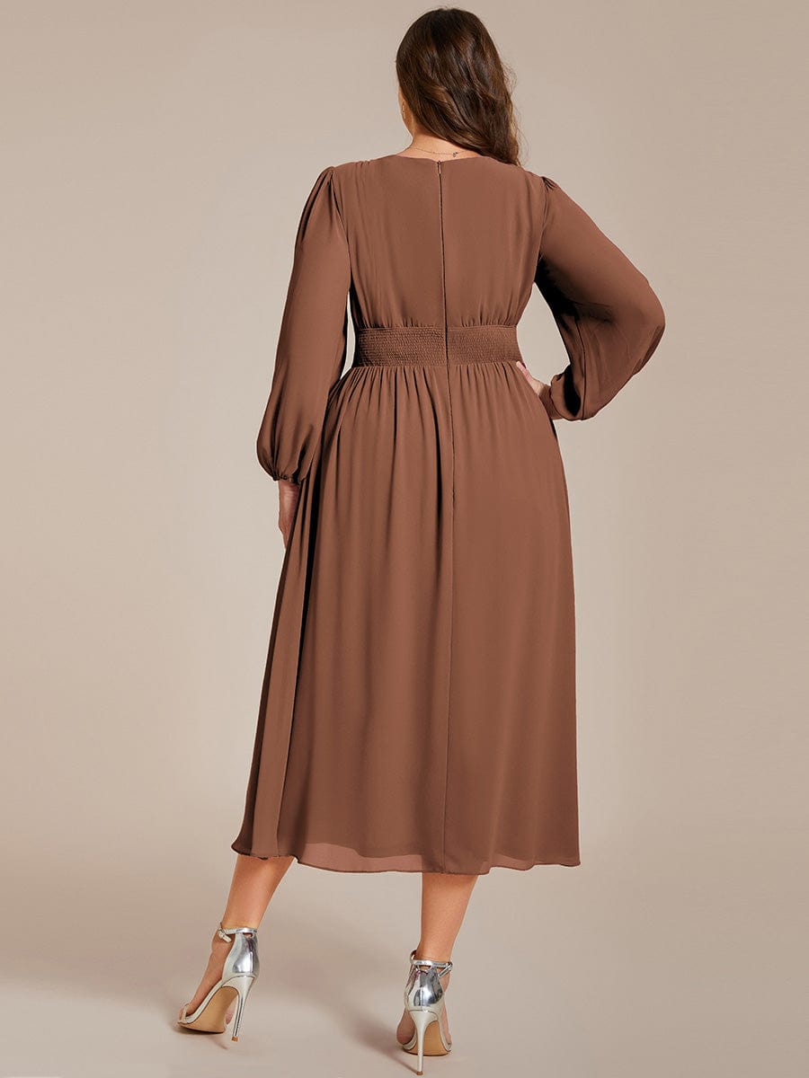 Elegant V Neck Long Sleeves Midi Wedding Guest Dress #color_Brown