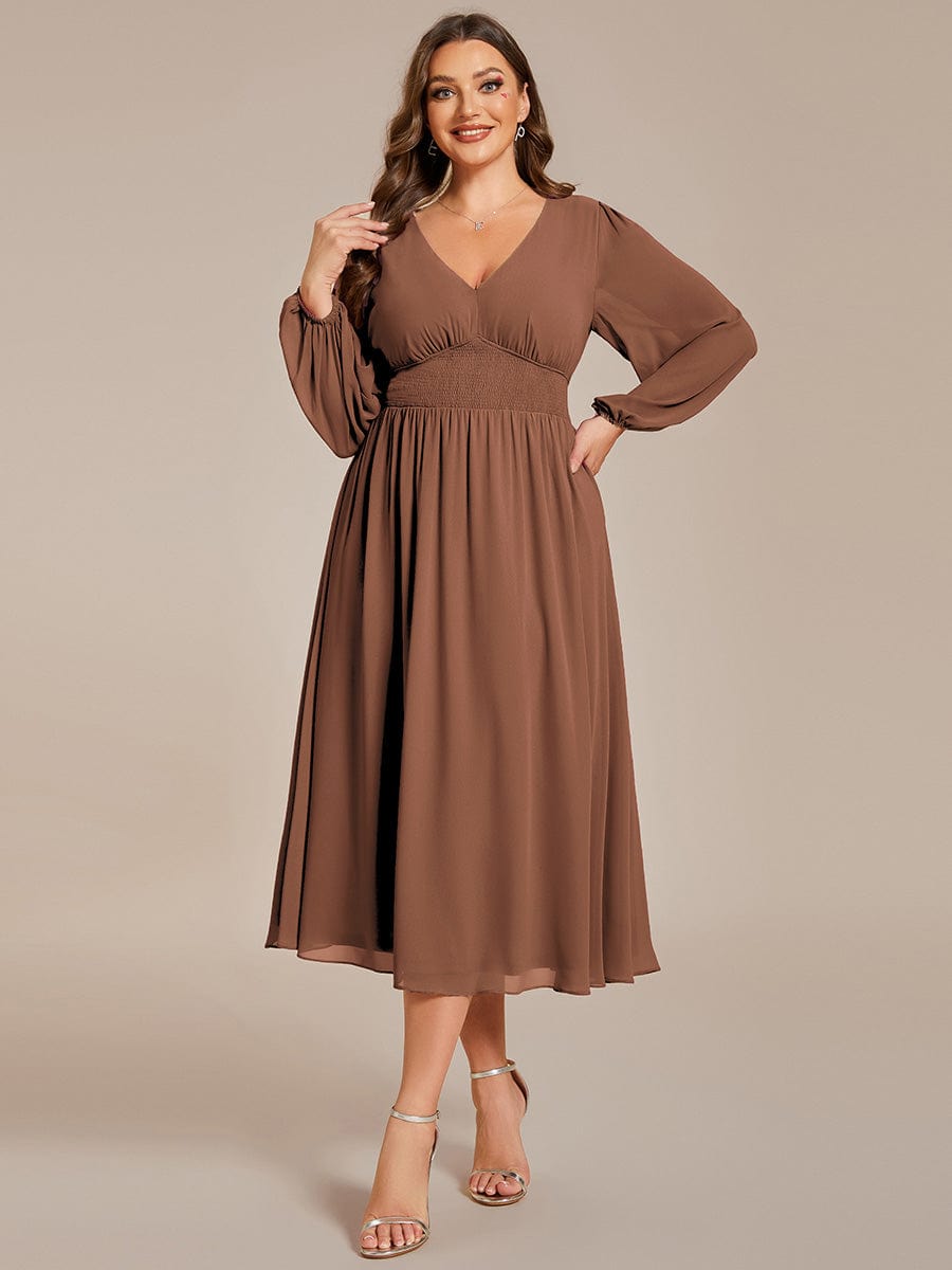 Elegant V Neck Long Sleeves Midi Wedding Guest Dress #color_Brown