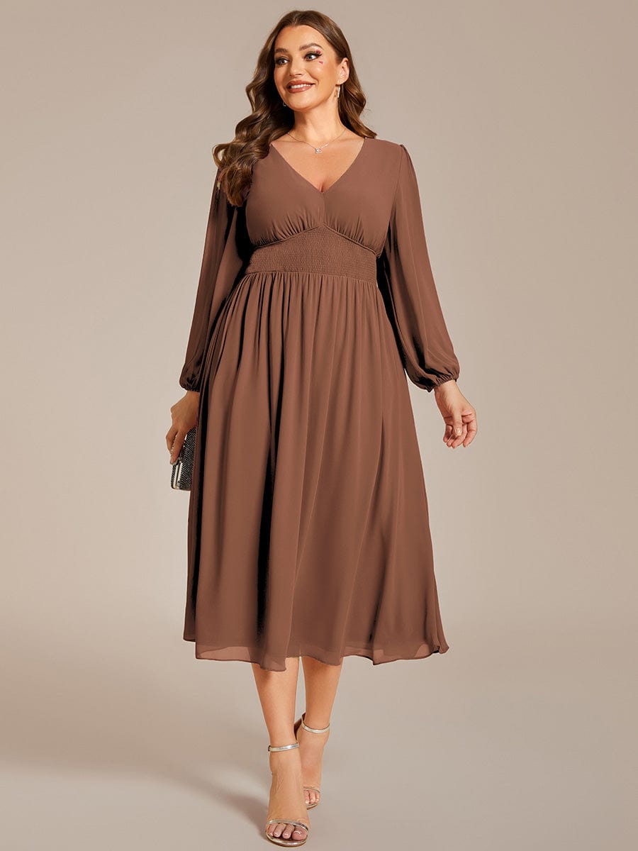 Elegant V Neck Long Sleeves Midi Wedding Guest Dress #color_Brown