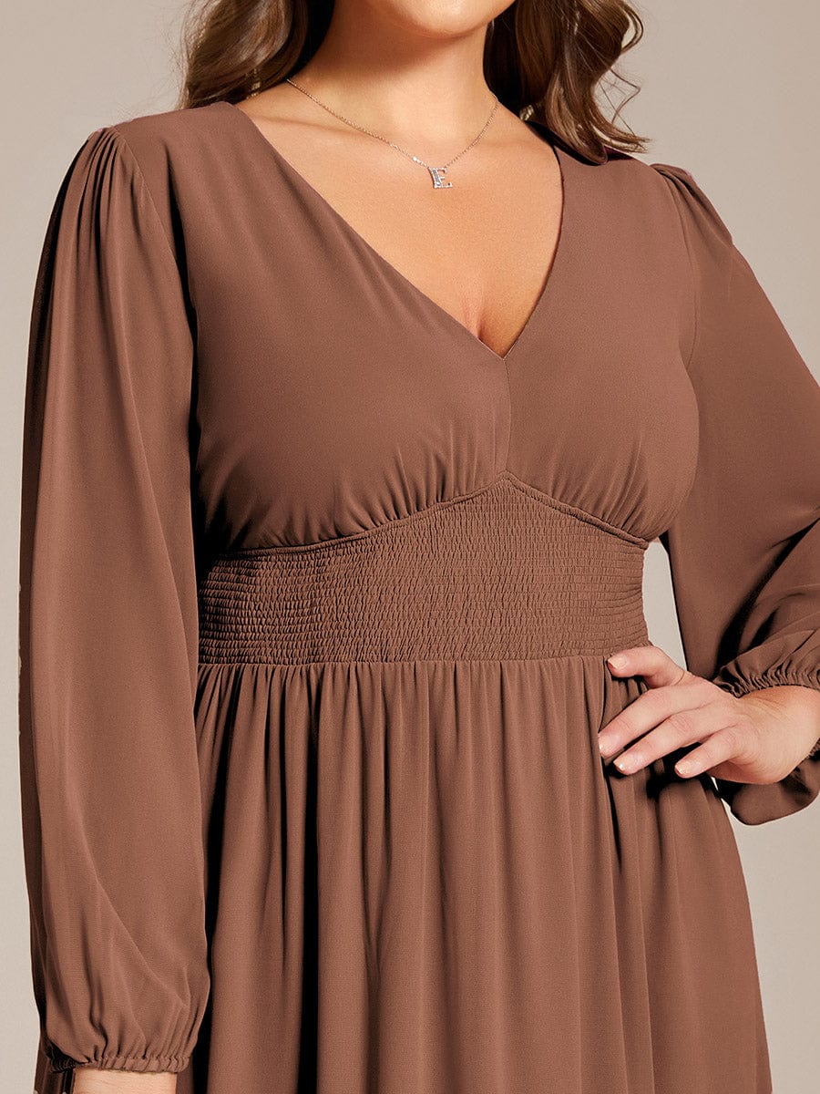 Elegant V Neck Long Sleeves Midi Wedding Guest Dress #color_Brown