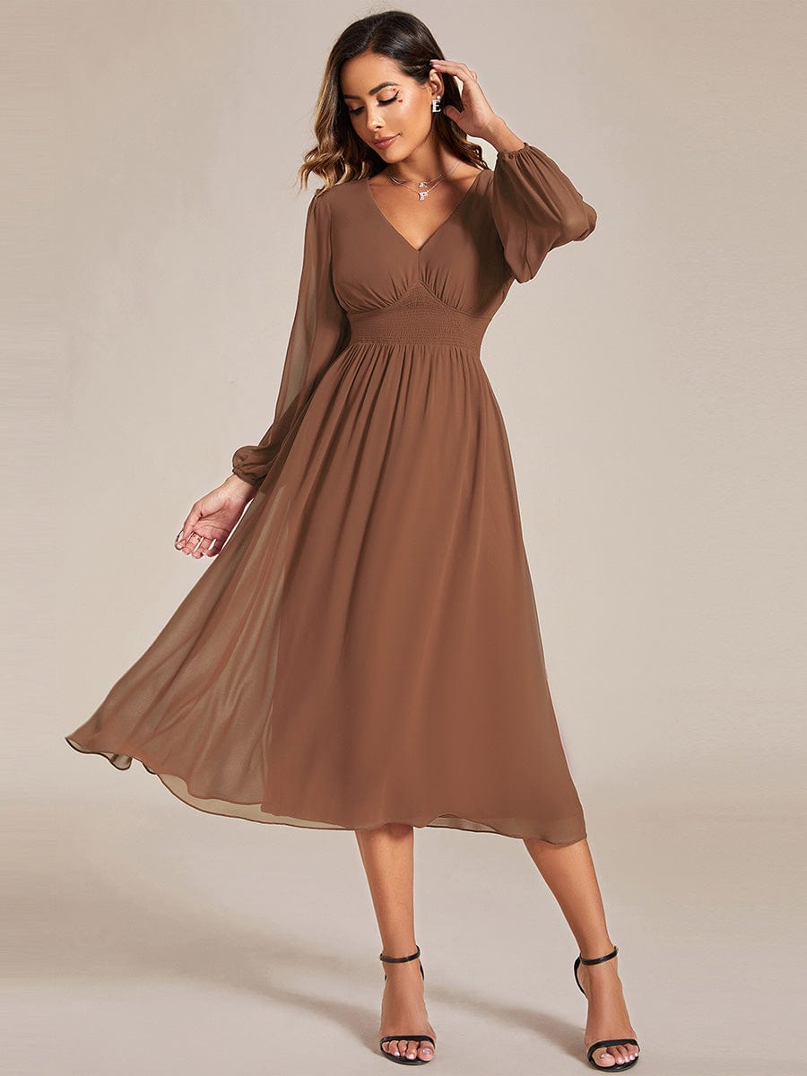 Elegant V Neck Long Sleeves Midi Wedding Guest Dress #color_Brown