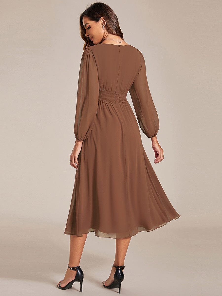 Elegant V Neck Long Sleeves Midi Wedding Guest Dress #color_Brown