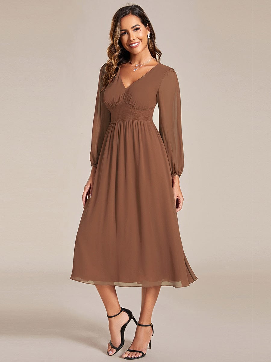 Elegant V Neck Long Sleeves Midi Wedding Guest Dress #color_Brown