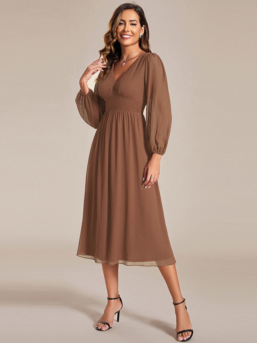 Elegant V Neck Long Sleeves Midi Wedding Guest Dress #color_Brown