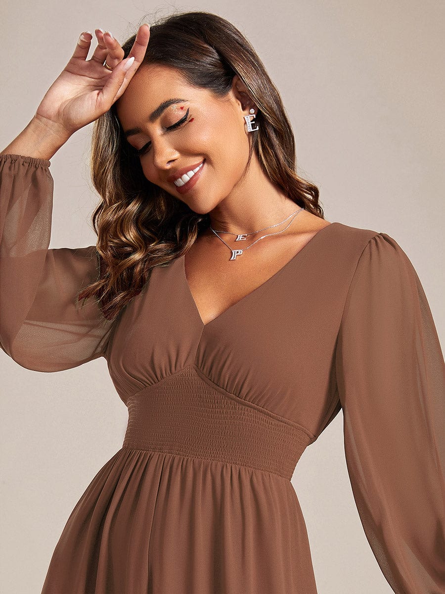 Elegant V Neck Long Sleeves Midi Wedding Guest Dress #color_Brown