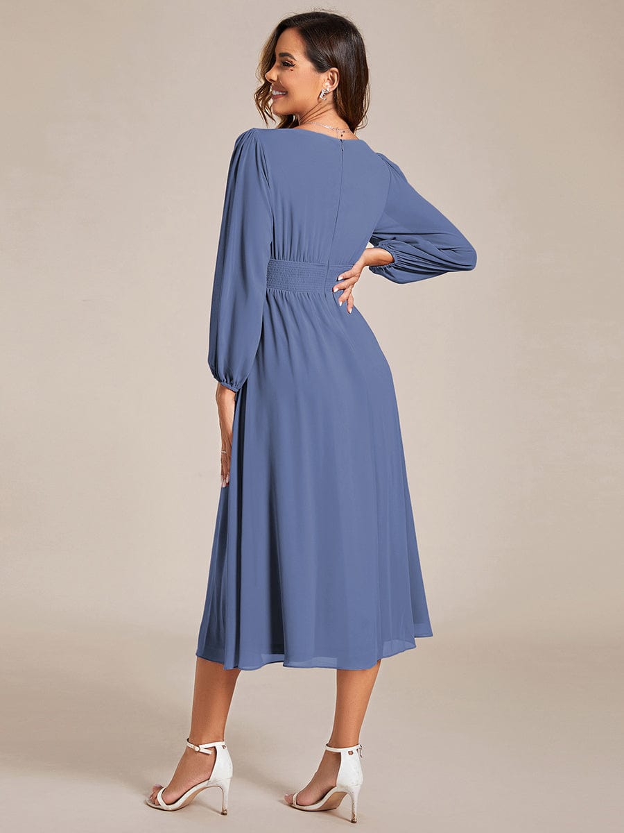 Elegant V Neck Long Sleeves Midi Wedding Guest Dress #color_Dusty Blue