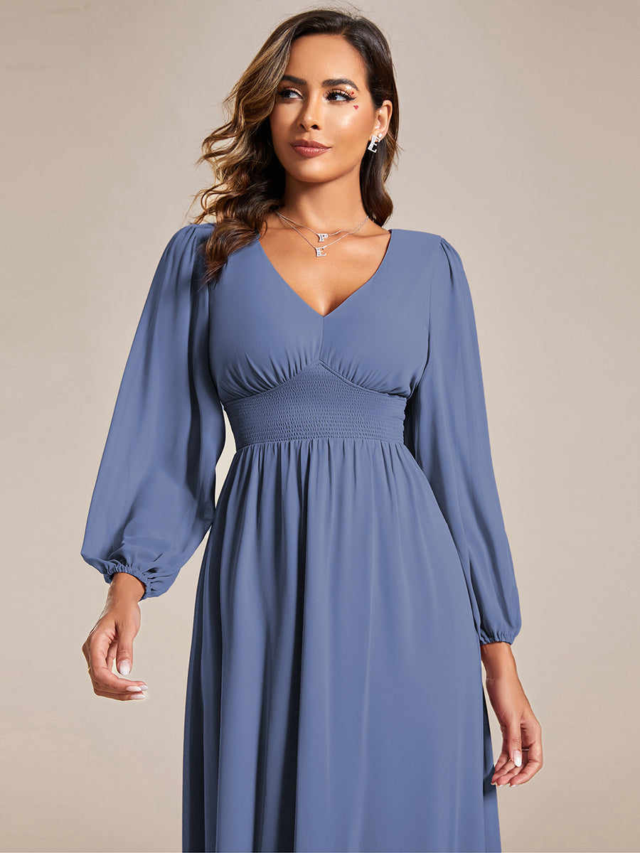 Elegant V Neck Long Sleeves Midi Wedding Guest Dress #color_Dusty Blue