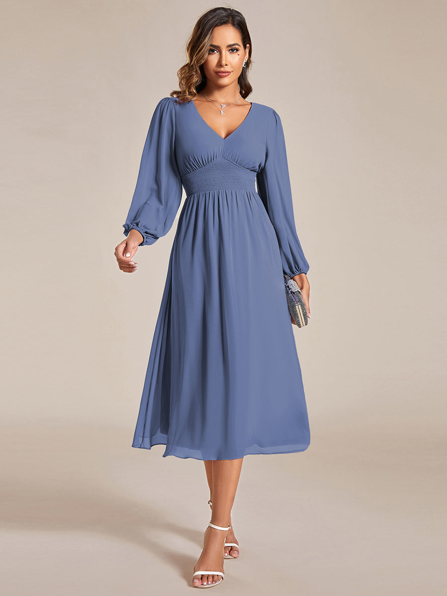 Elegant V Neck Long Sleeves Midi Wedding Guest Dress #color_Dusty Blue