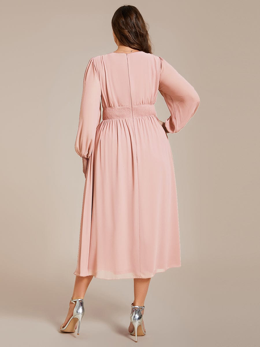 Elegant V Neck Long Sleeves Midi Dress in Pink #color_Pink