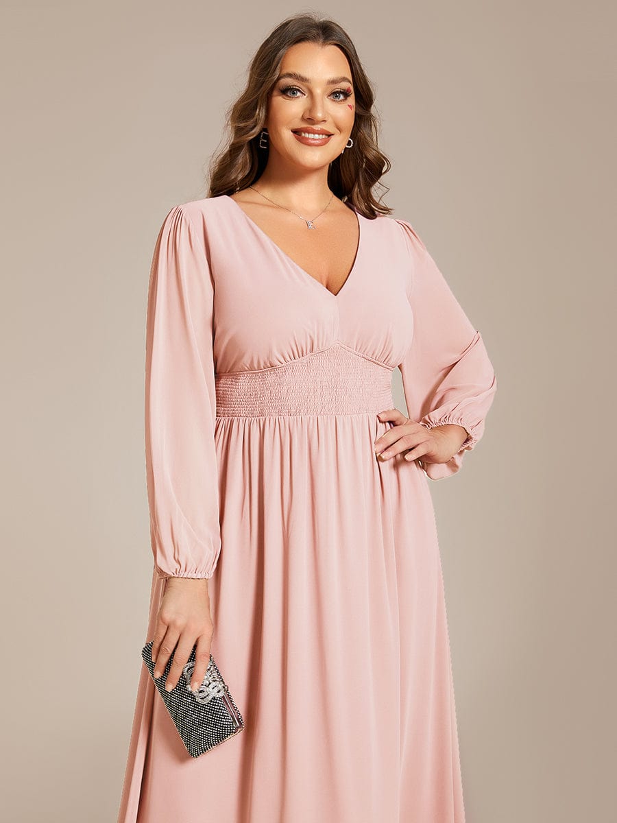 Elegant V Neck Long Sleeves Midi Dress in Pink #color_Pink