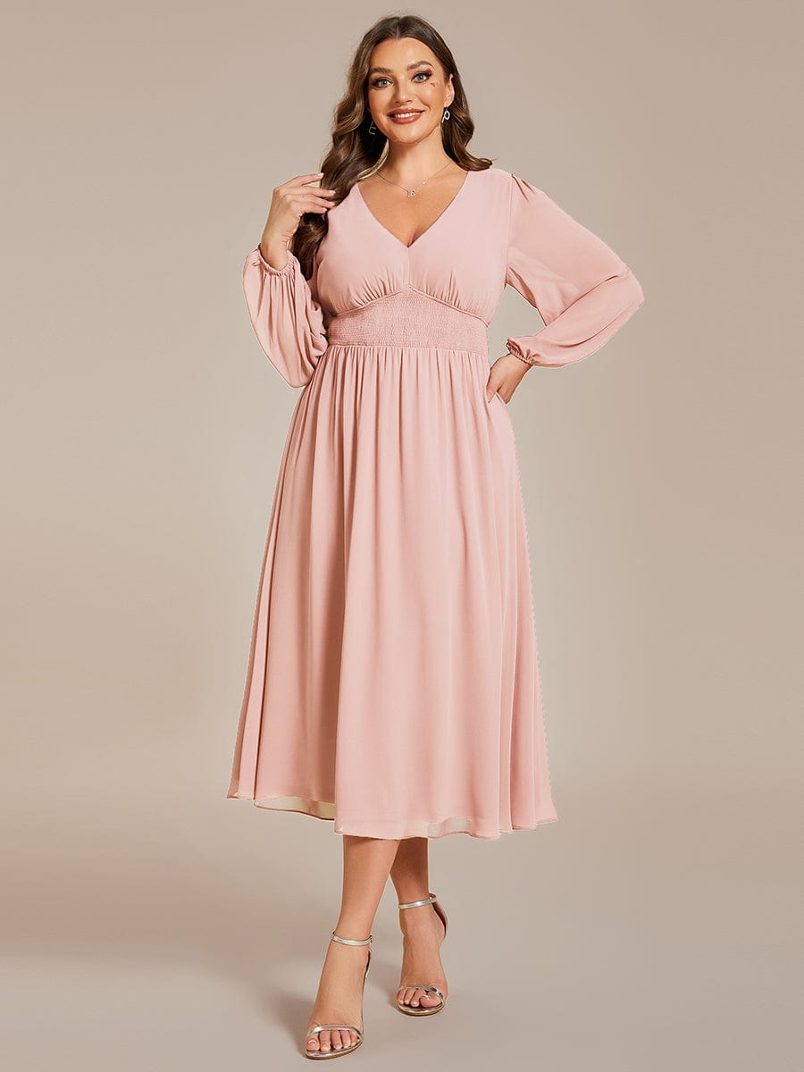 Elegant V Neck Long Sleeves Midi Dress in Pink #color_Pink