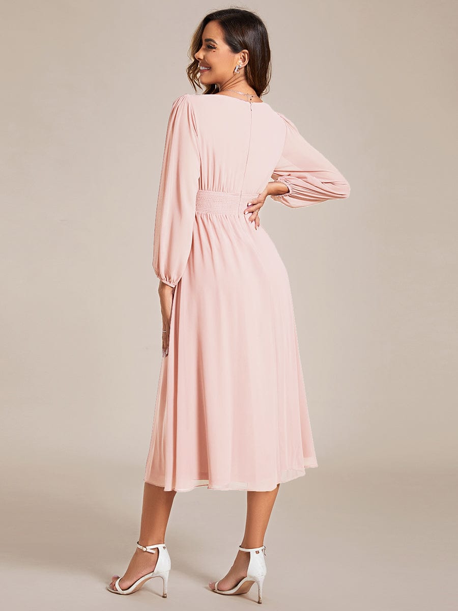 Elegant V Neck Long Sleeves Midi Dress in Pink #color_Pink