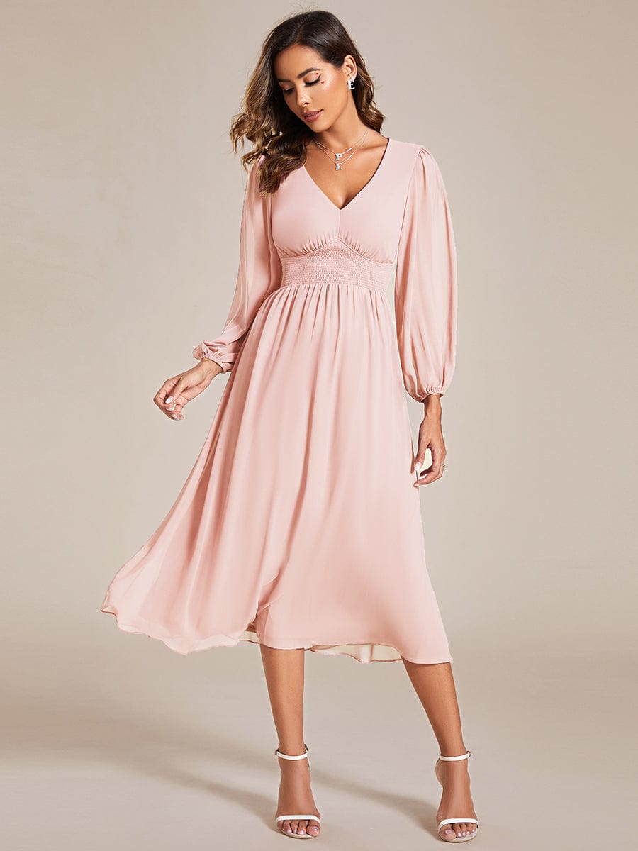 Elegant V Neck Long Sleeves Midi Dress in Pink #color_Pink