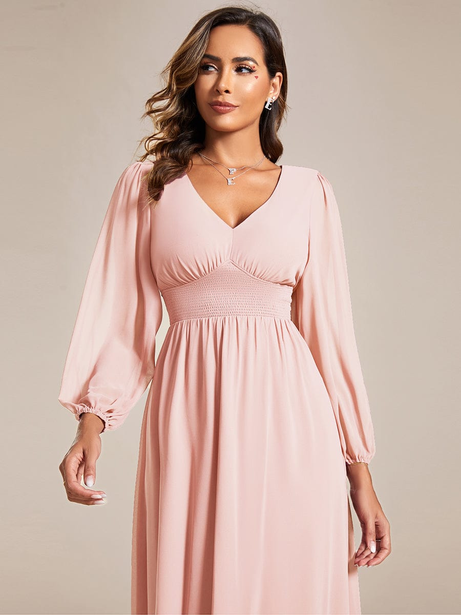 Elegant V Neck Long Sleeves Midi Dress in Pink #color_Pink