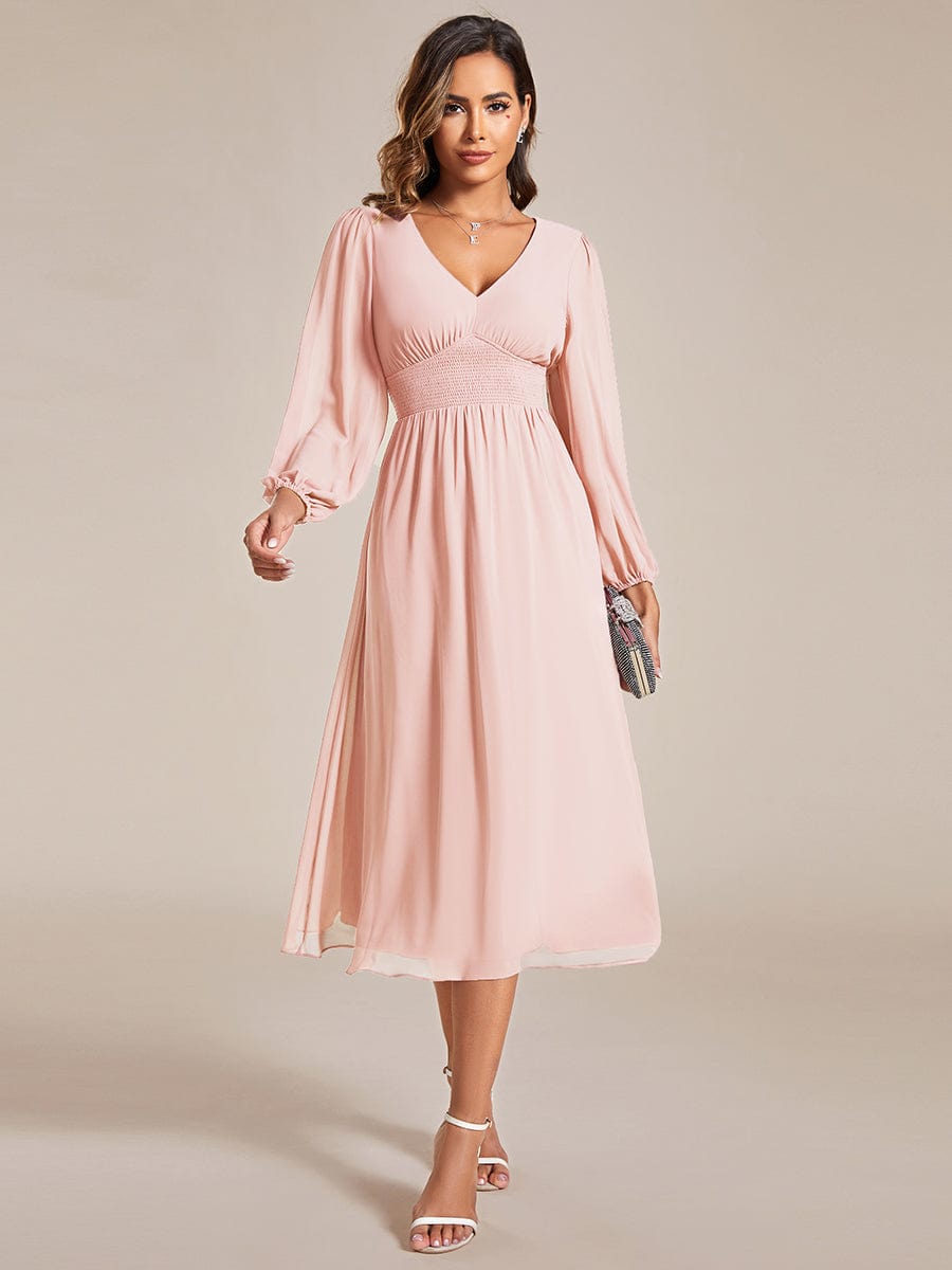 Elegant V Neck Long Sleeves Midi Dress in Pink #color_Pink