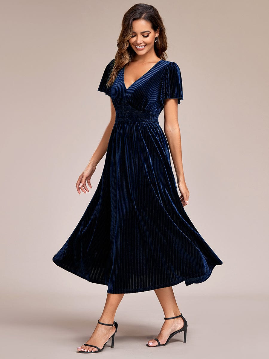 Striped Velvet Flutter Sleeves V-Neck Midi Wedding Guest Dress #color_Navy Blue