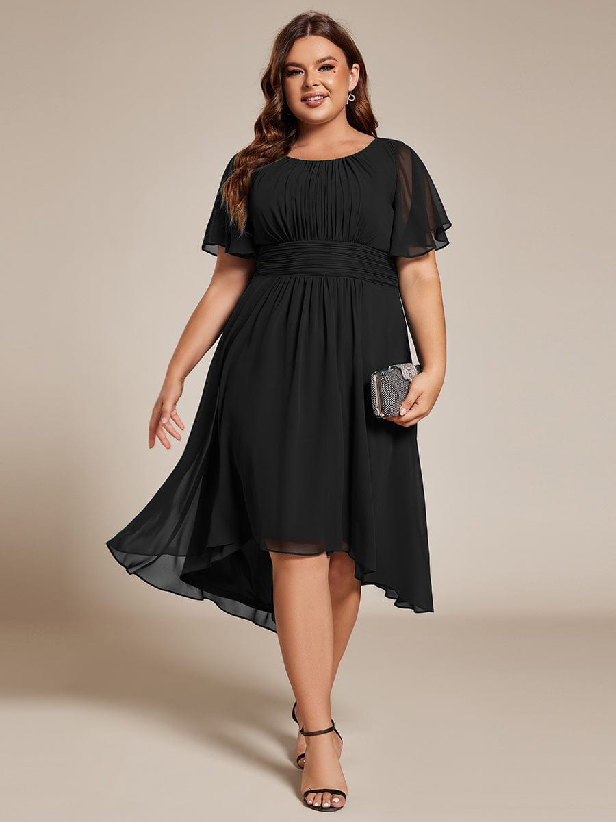 Flowy Chiffon Round Neckline A-Line Knee Length Wedding Guest Dress #color_Black