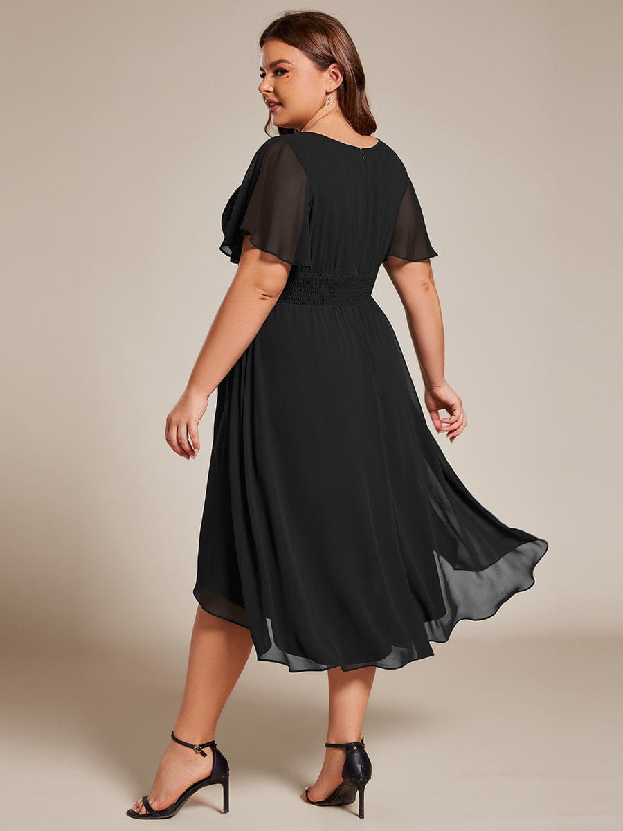 Flowy Chiffon Round Neckline A-Line Knee Length Wedding Guest Dress #color_Black