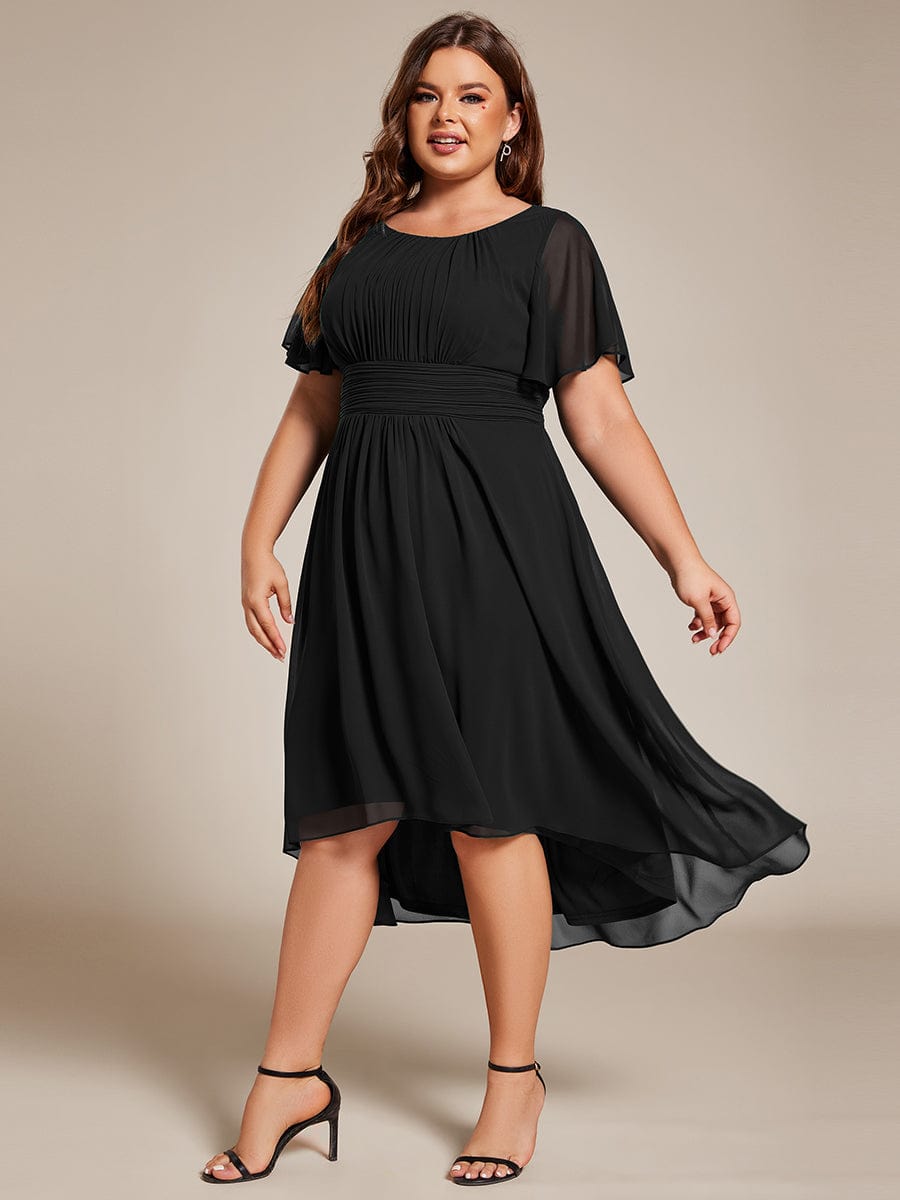 Flowy Chiffon Round Neckline A-Line Knee Length Wedding Guest Dress #color_Black