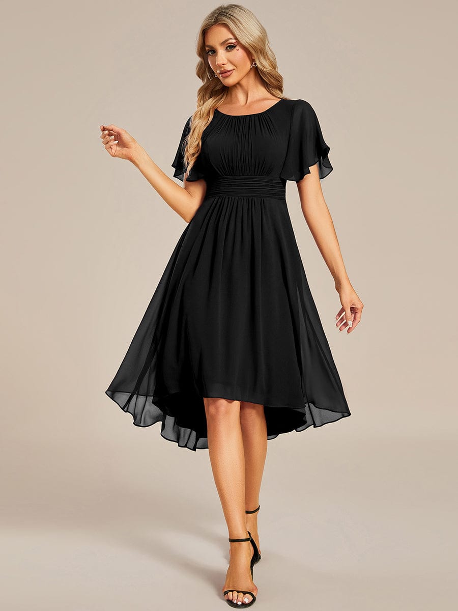 Flowy Chiffon Round Neckline A-Line Knee Length Wedding Guest Dress #color_Black