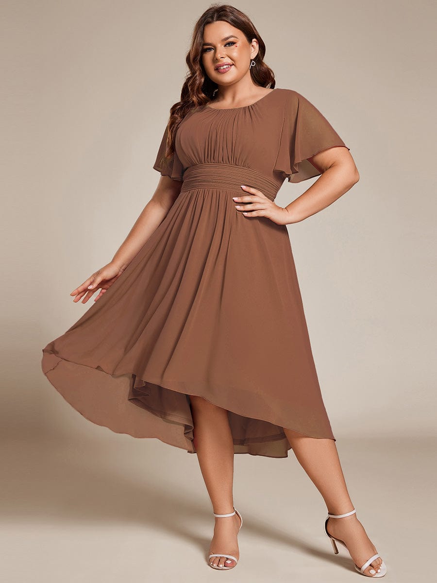 Custom Size Flowy Chiffon Round Neckline A-Line Knee Length Wedding Guest Dress #color_Brown