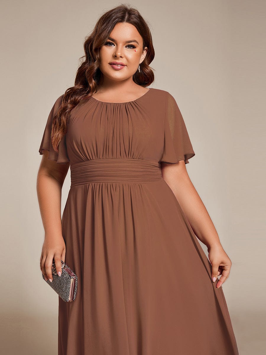 Flowy Chiffon Round Neckline A-Line Knee Length Wedding Guest Dress #color_Brown