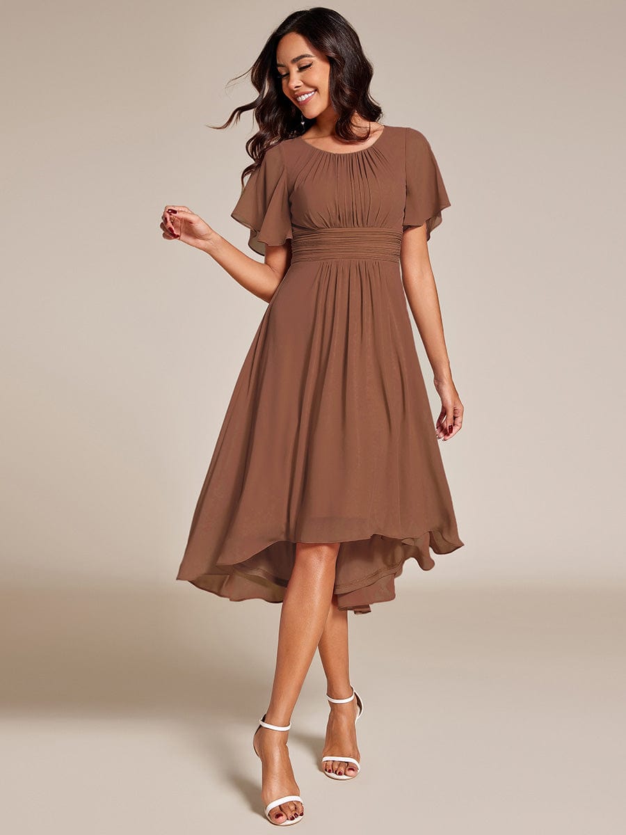 Flowy Chiffon Round Neckline A-Line Knee Length Wedding Guest Dress #color_Brown