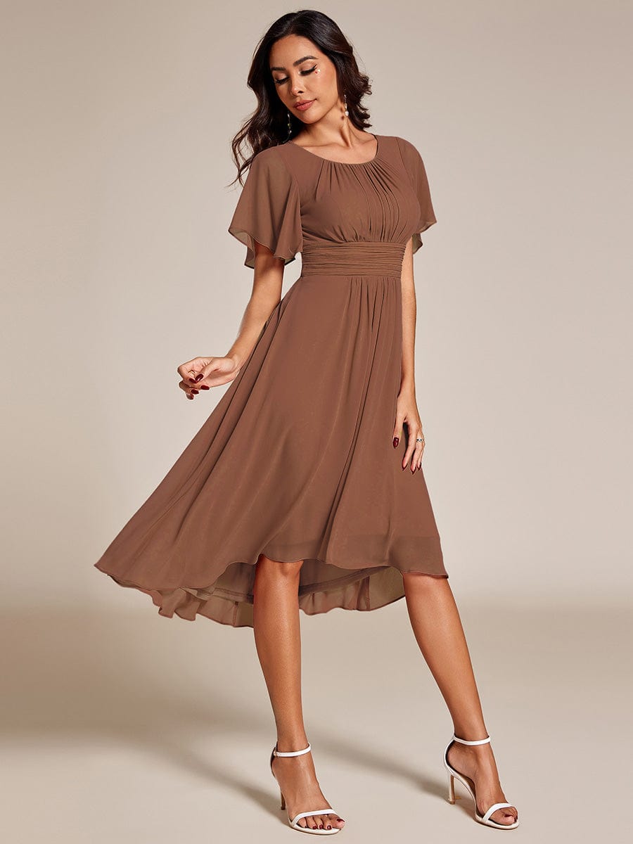 Flowy Chiffon Round Neckline A-Line Knee Length Wedding Guest Dress #color_Brown