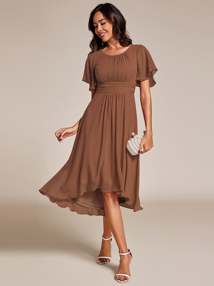 Flowy Chiffon Round Neckline A-Line Knee Length Wedding Guest Dress #color_Brown