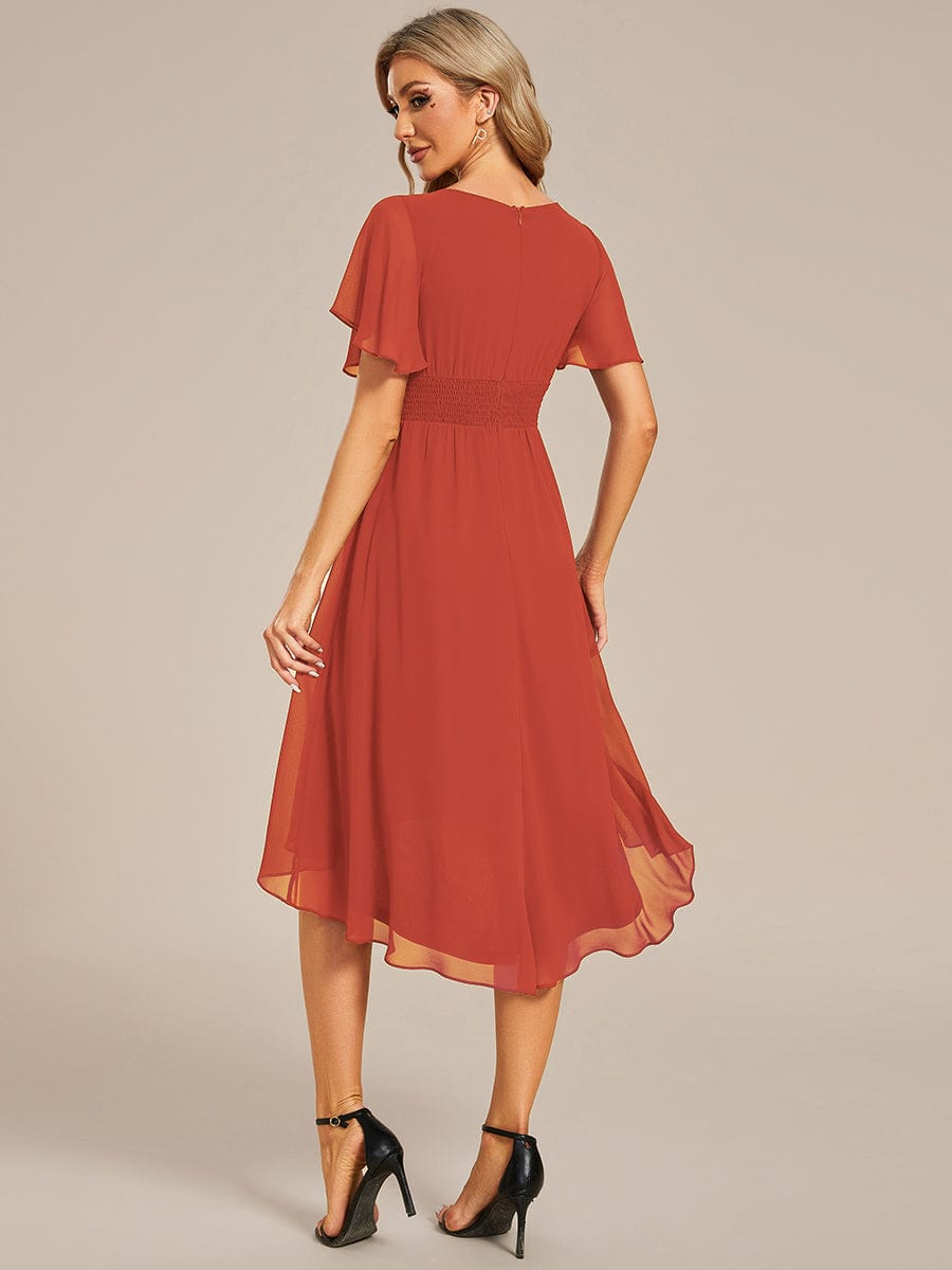 Flowy Chiffon Round Neckline A-Line Knee Length Wedding Guest Dress #color_Burnt Orange