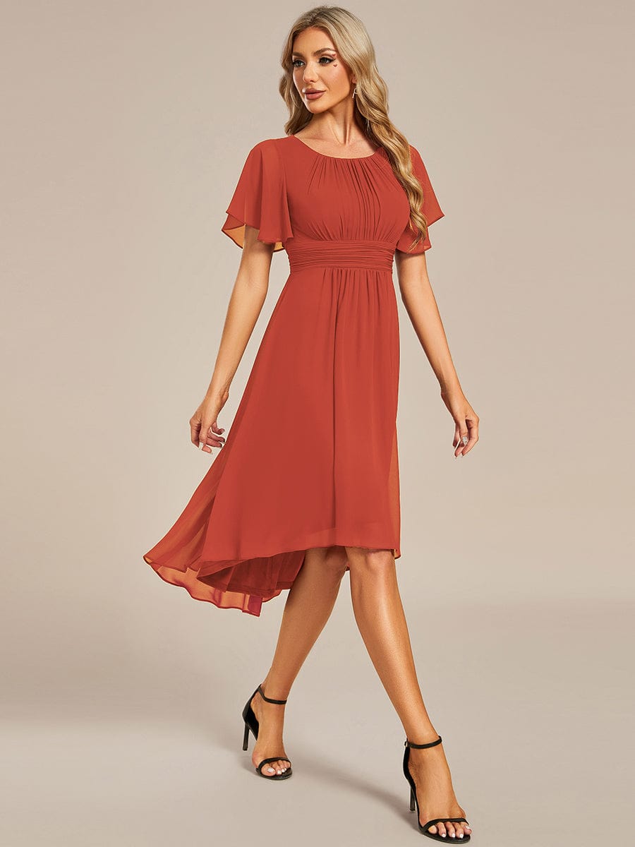 Flowy Chiffon Round Neckline A-Line Knee Length Wedding Guest Dress #color_Burnt Orange