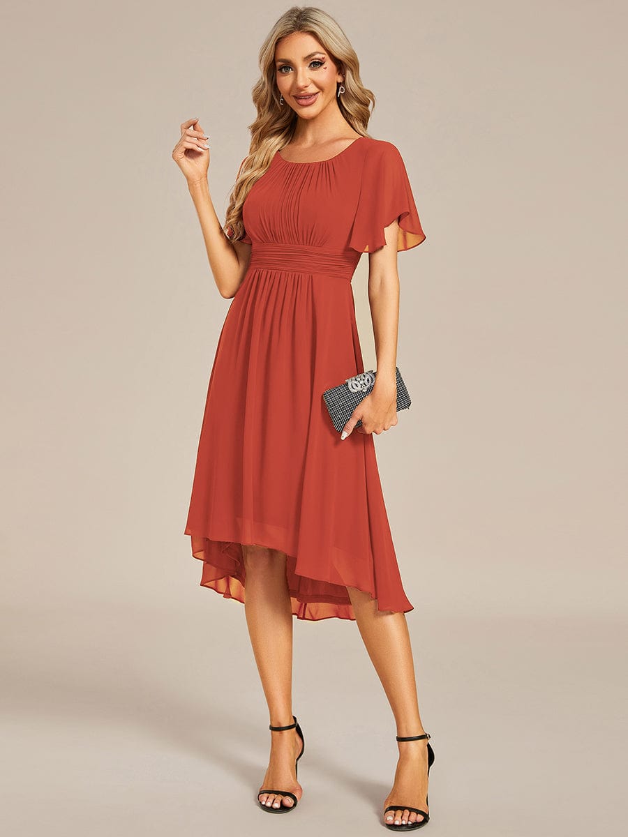 Flowy Chiffon Round Neckline A-Line Knee Length Wedding Guest Dress #color_Burnt Orange