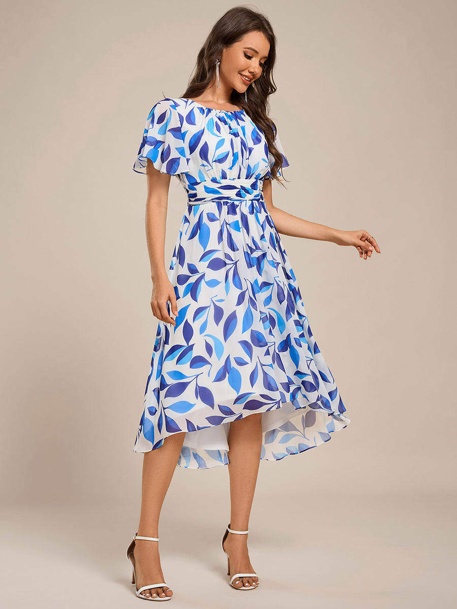 Custom Size Flowy Chiffon Round Neckline A-Line Knee Length Wedding Guest Dress #color_Blue Floral