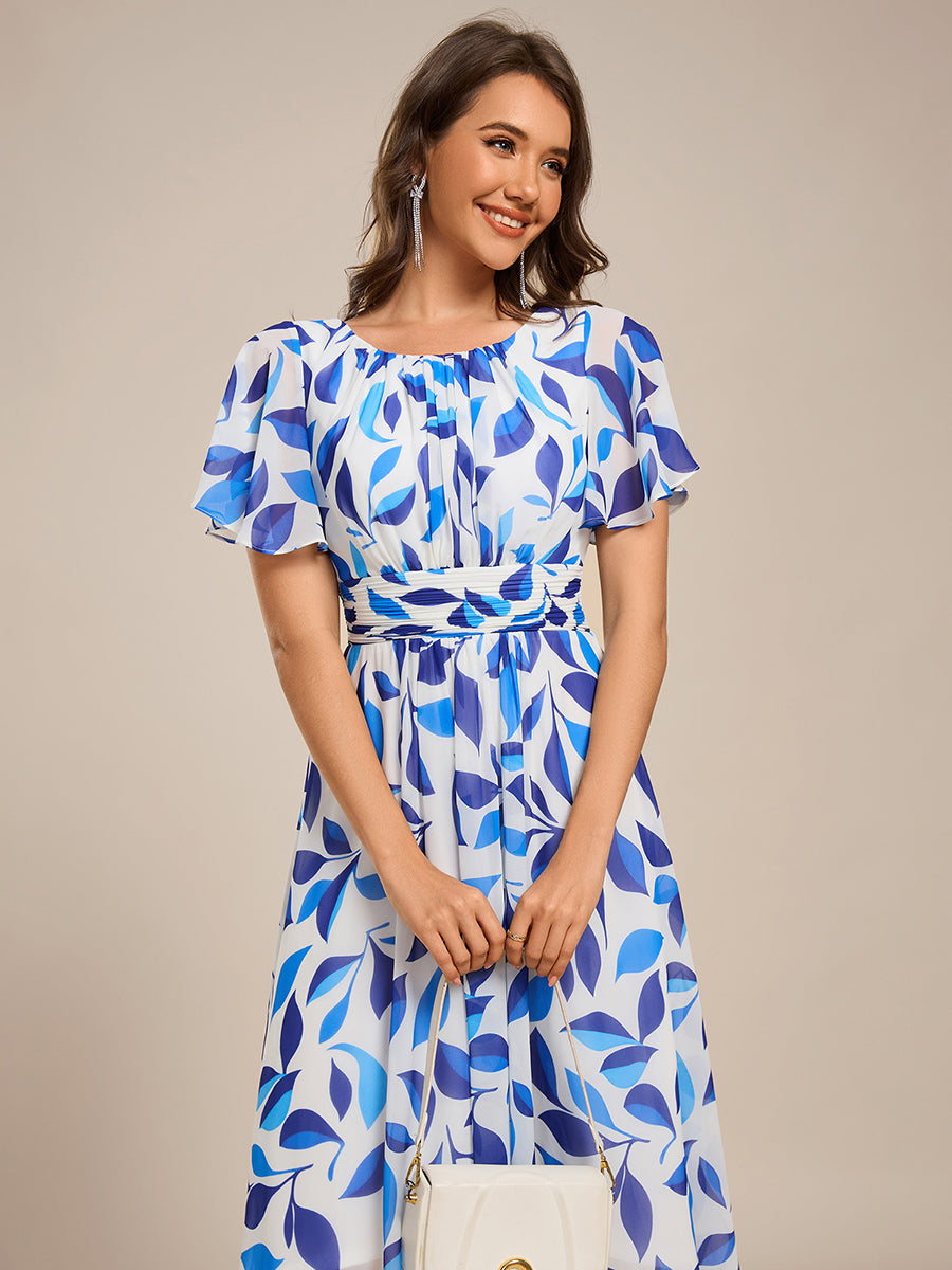 Custom Size Flowy Chiffon Round Neckline A-Line Knee Length Wedding Guest Dress #color_Blue Floral