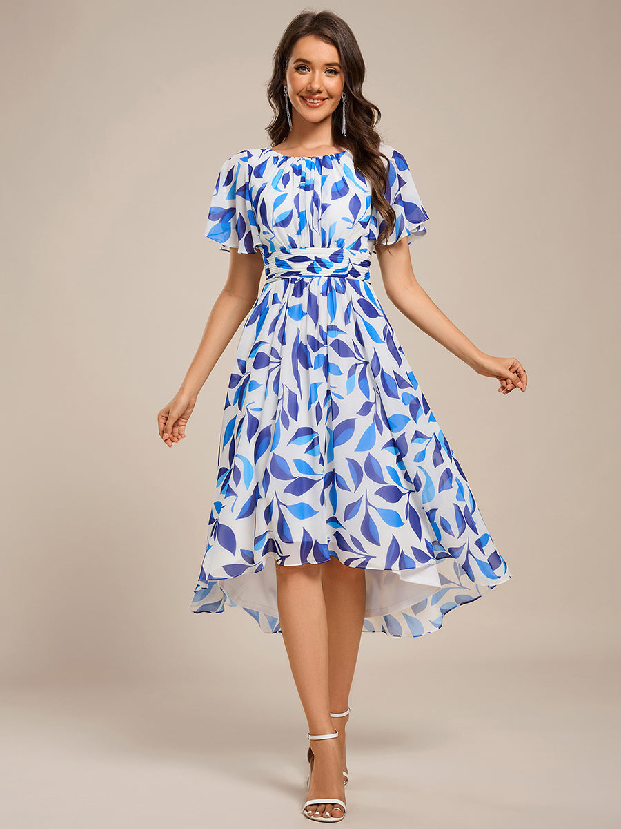 Custom Size Flowy Chiffon Round Neckline A-Line Knee Length Wedding Guest Dress #color_Blue Floral