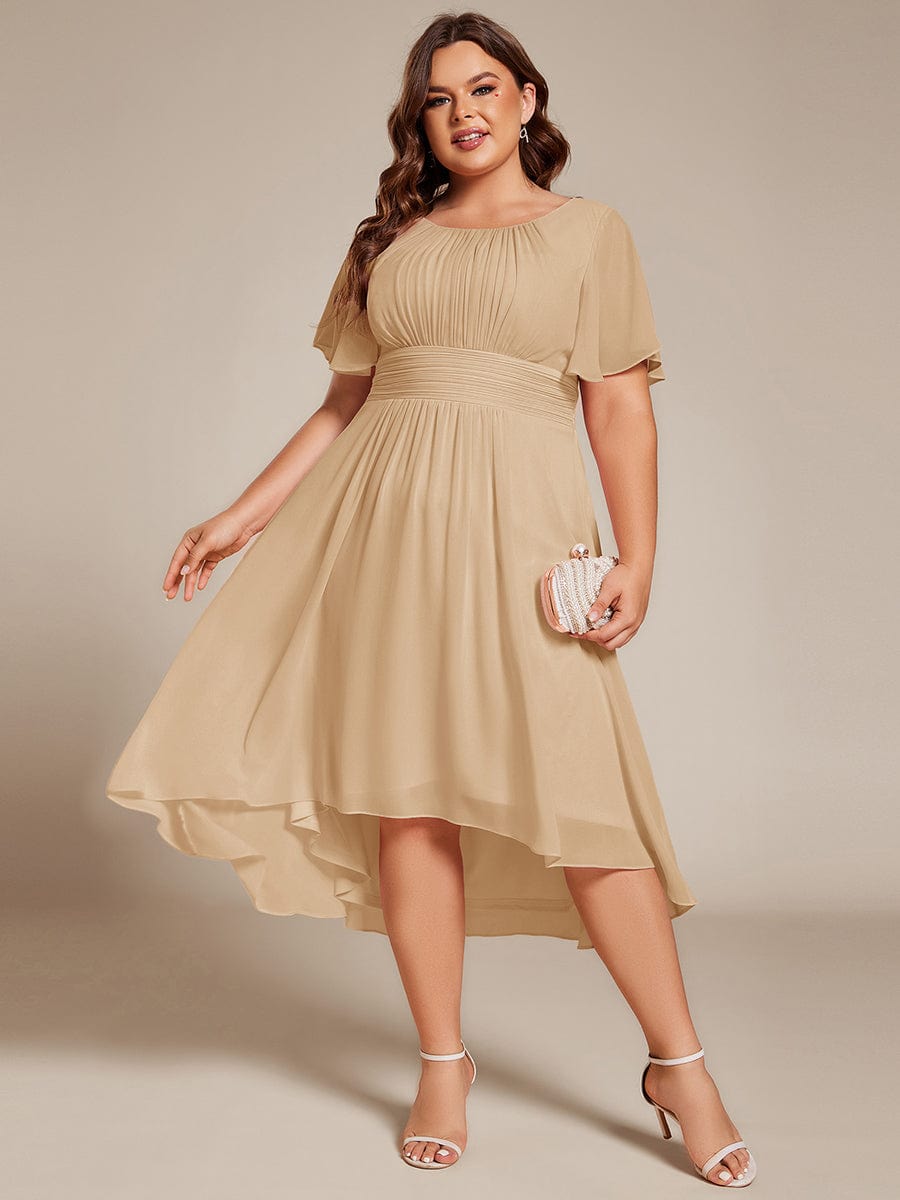 Flowy Chiffon Round Neckline A-Line Knee Length Wedding Guest Dress #color_Champagne