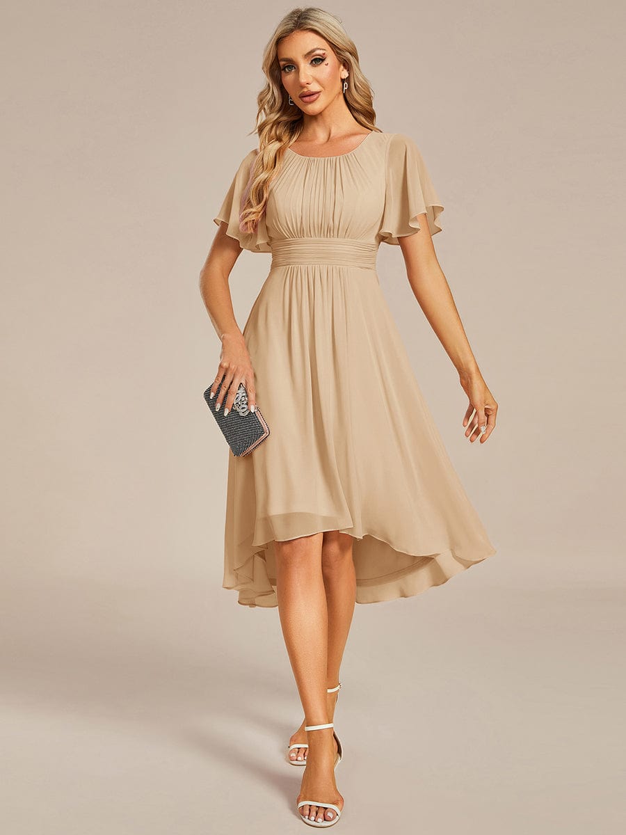 Flowy Chiffon Round Neckline A-Line Knee Length Wedding Guest Dress #color_Champagne